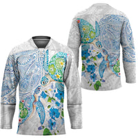 Hawaiian Couple Turtles Honi Hockey Jersey Polynesian Art Motifs and Hibiscus White Blue Color - Polynesian Pride