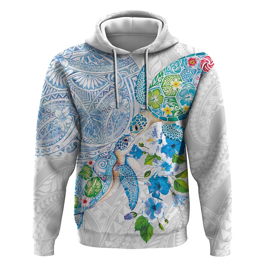 Hawaiian Couple Turtles Honi Hoodie Polynesian Art Motifs and Hibiscus White Blue Color - Polynesian Pride