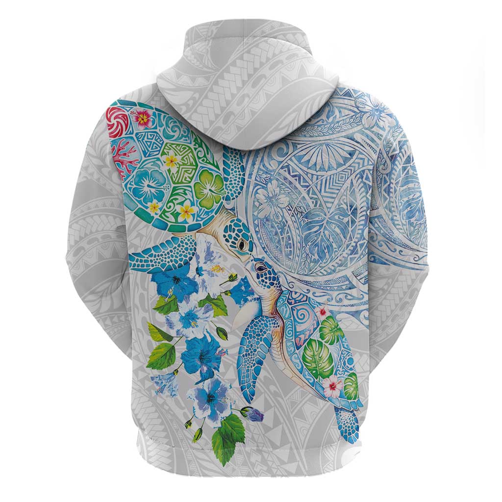 Hawaiian Couple Turtles Honi Hoodie Polynesian Art Motifs and Hibiscus White Blue Color - Polynesian Pride