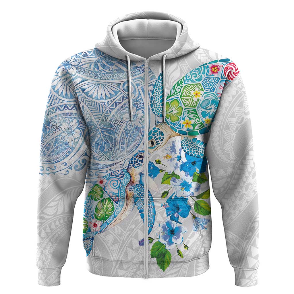 Hawaiian Couple Turtles Honi Hoodie Polynesian Art Motifs and Hibiscus White Blue Color - Polynesian Pride