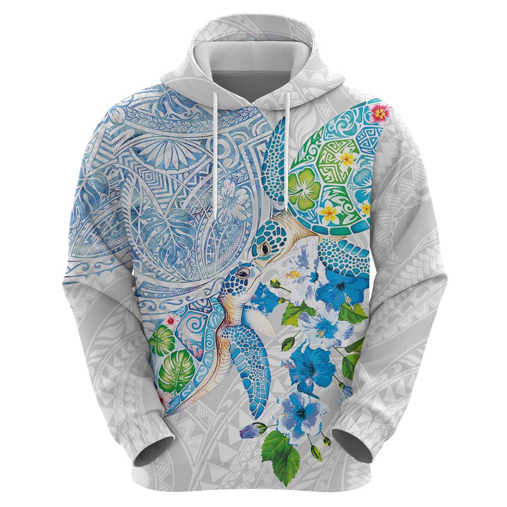 Hawaiian Couple Turtles Honi Hoodie Polynesian Art Motifs and Hibiscus White Blue Color - Polynesian Pride