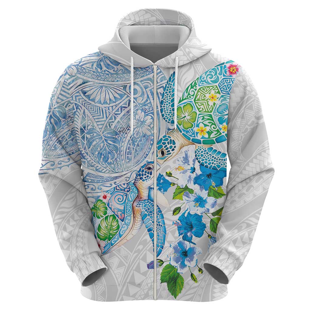 Hawaiian Couple Turtles Honi Hoodie Polynesian Art Motifs and Hibiscus White Blue Color - Polynesian Pride