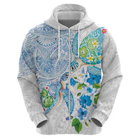 Hawaiian Couple Turtles Honi Hoodie Polynesian Art Motifs and Hibiscus White Blue Color - Polynesian Pride