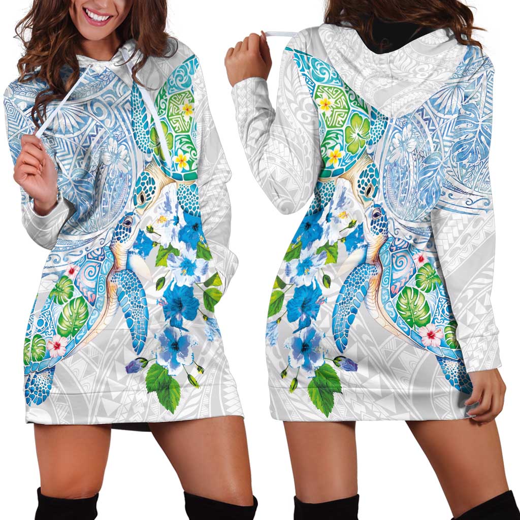 Hawaiian Couple Turtles Honi Hoodie Dress Polynesian Art Motifs and Hibiscus White Blue Color - Polynesian Pride