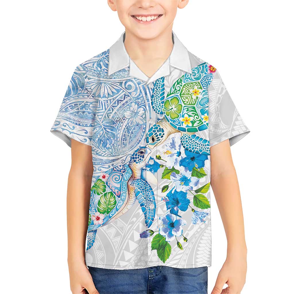 Hawaiian Couple Turtles Honi Kid Hawaiian Shirt Polynesian Art Motifs and Hibiscus White Blue Color LT03 Kid White - Polynesian Pride