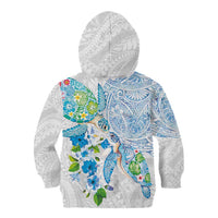 Hawaiian Couple Turtles Honi Kid Hoodie Polynesian Art Motifs and Hibiscus White Blue Color - Polynesian Pride