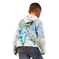 Hawaiian Couple Turtles Honi Kid Hoodie Polynesian Art Motifs and Hibiscus White Blue Color - Polynesian Pride
