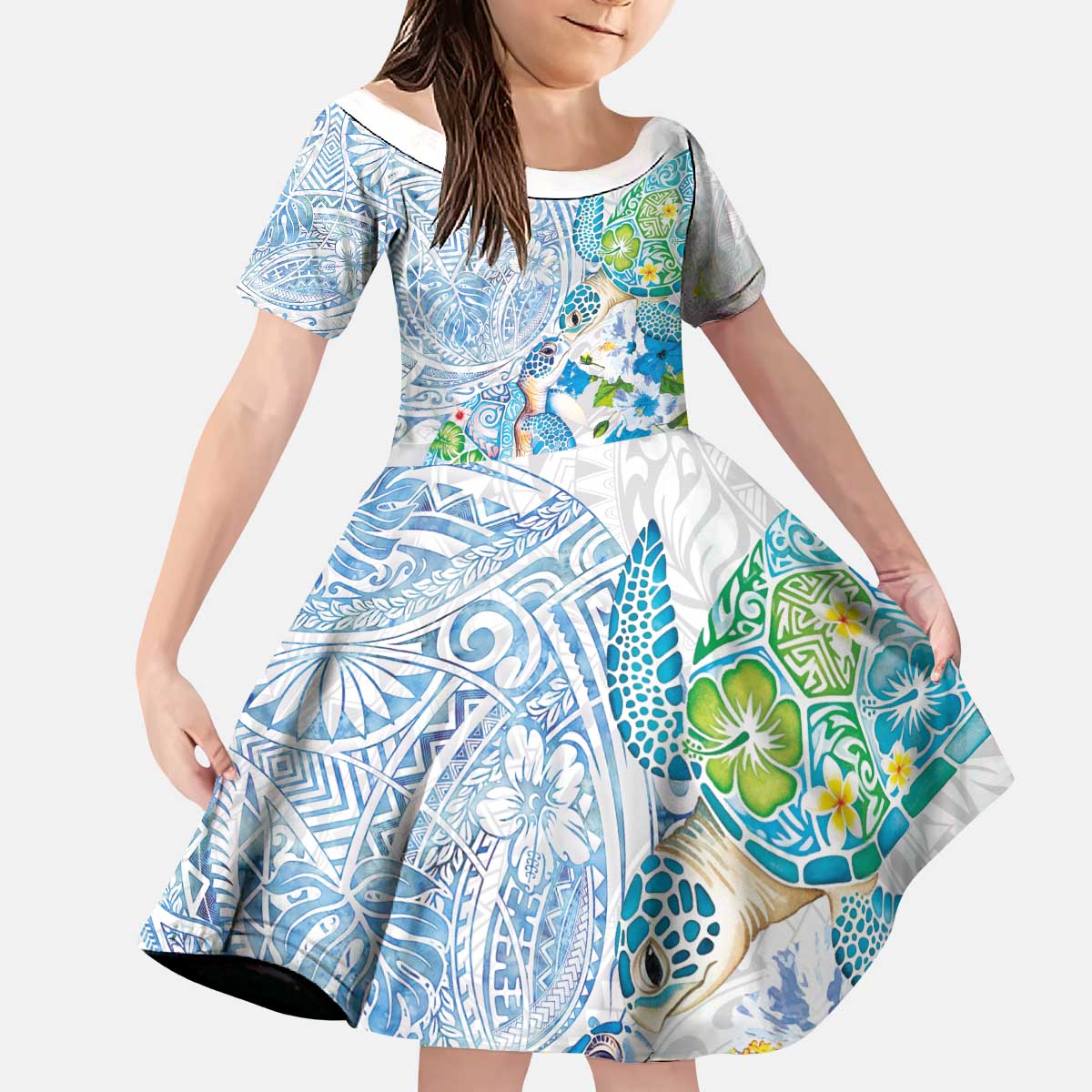 Hawaiian Couple Turtles Honi Kid Short Sleeve Dress Polynesian Art Motifs and Hibiscus White Blue Color - Polynesian Pride