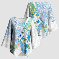 Hawaiian Couple Turtles Honi Kimono Sleeve Blouse Polynesian Art Motifs and Hibiscus White Blue Color - Polynesian Pride
