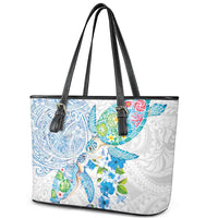 Hawaiian Couple Turtles Honi Leather Tote Bag Polynesian Art Motifs and Hibiscus White Blue Color - Polynesian Pride