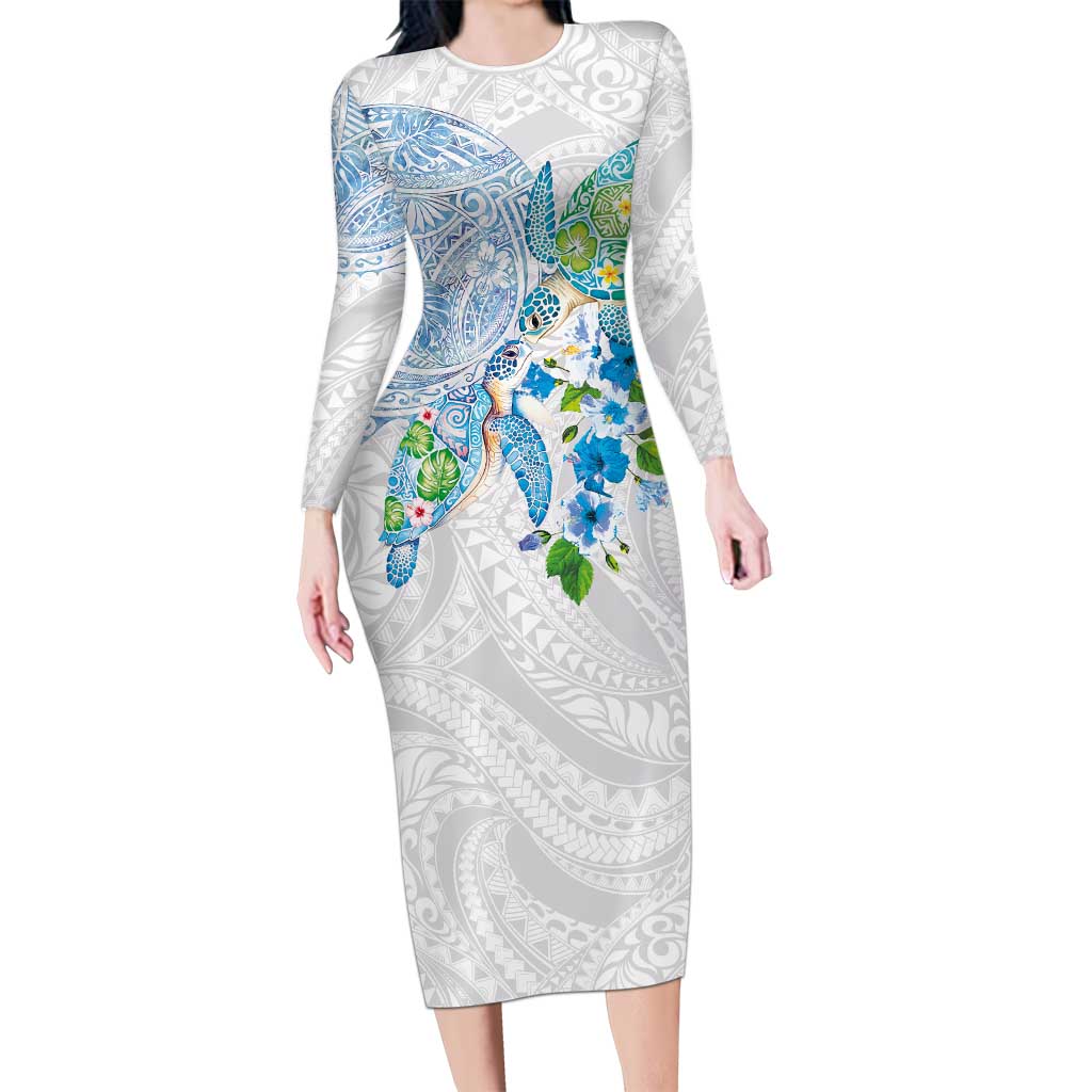 Hawaiian Couple Turtles Honi Long Sleeve Bodycon Dress Polynesian Art Motifs and Hibiscus White Blue Color - Polynesian Pride