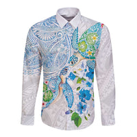 Hawaiian Couple Turtles Honi Long Sleeve Button Shirt Polynesian Art Motifs and Hibiscus White Blue Color - Polynesian Pride