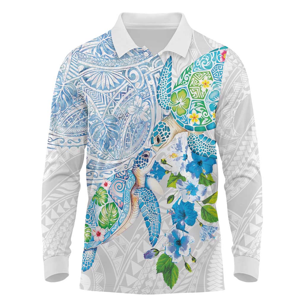 Hawaiian Couple Turtles Honi Long Sleeve Polo Shirt Polynesian Art Motifs and Hibiscus White Blue Color LT03 White - Polynesian Pride
