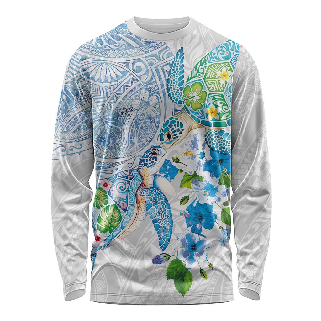 Hawaiian Couple Turtles Honi Long Sleeve Shirt Polynesian Art Motifs and Hibiscus White Blue Color LT03 Unisex White - Polynesian Pride