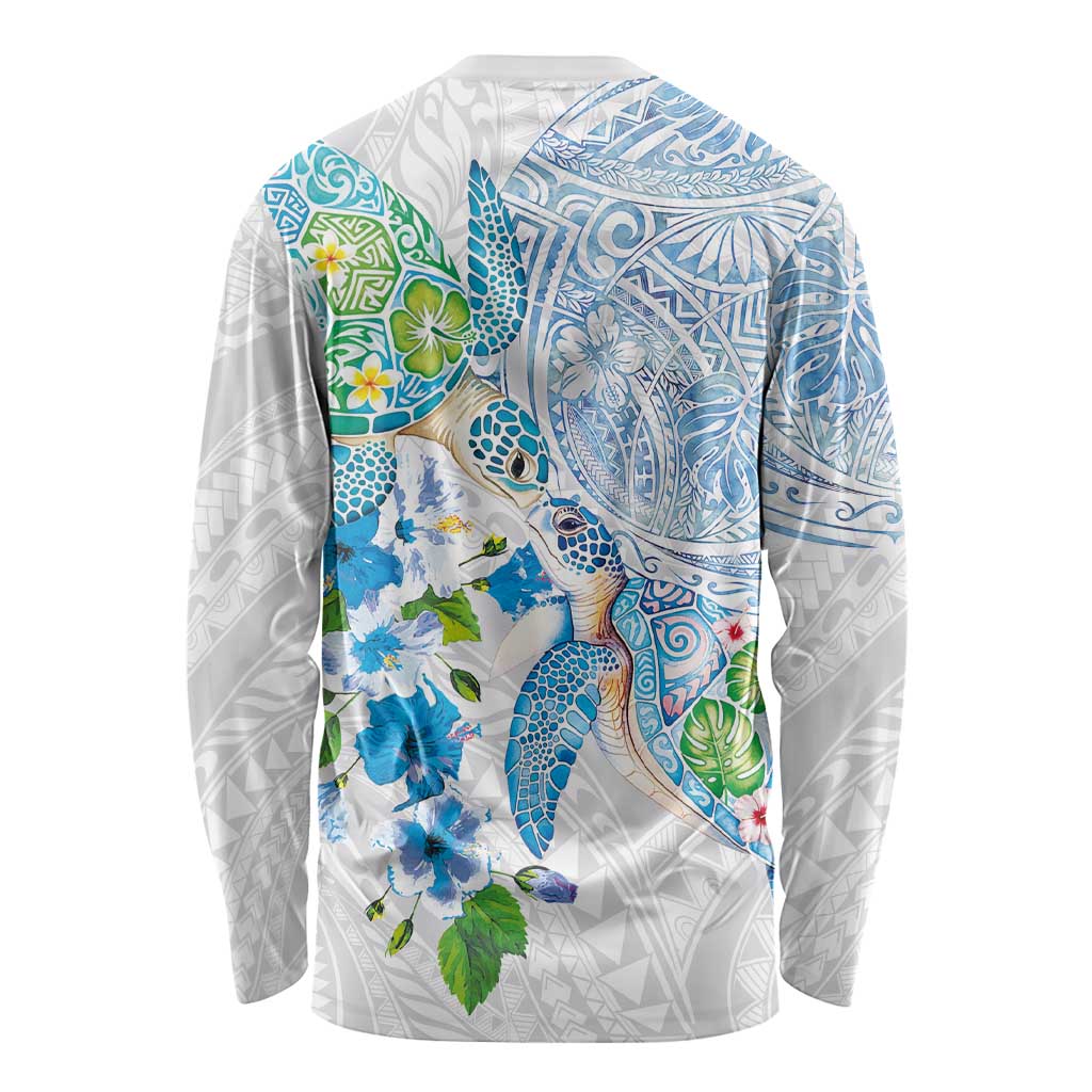 Hawaiian Couple Turtles Honi Long Sleeve Shirt Polynesian Art Motifs and Hibiscus White Blue Color - Polynesian Pride