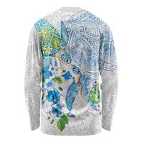 Hawaiian Couple Turtles Honi Long Sleeve Shirt Polynesian Art Motifs and Hibiscus White Blue Color - Polynesian Pride