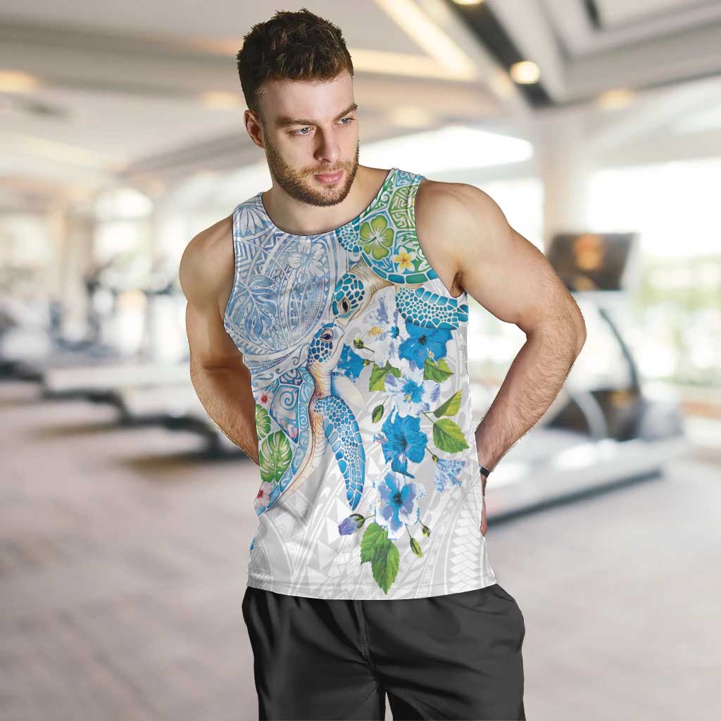 Hawaiian Couple Turtles Honi Men Tank Top Polynesian Art Motifs and Hibiscus White Blue Color - Polynesian Pride