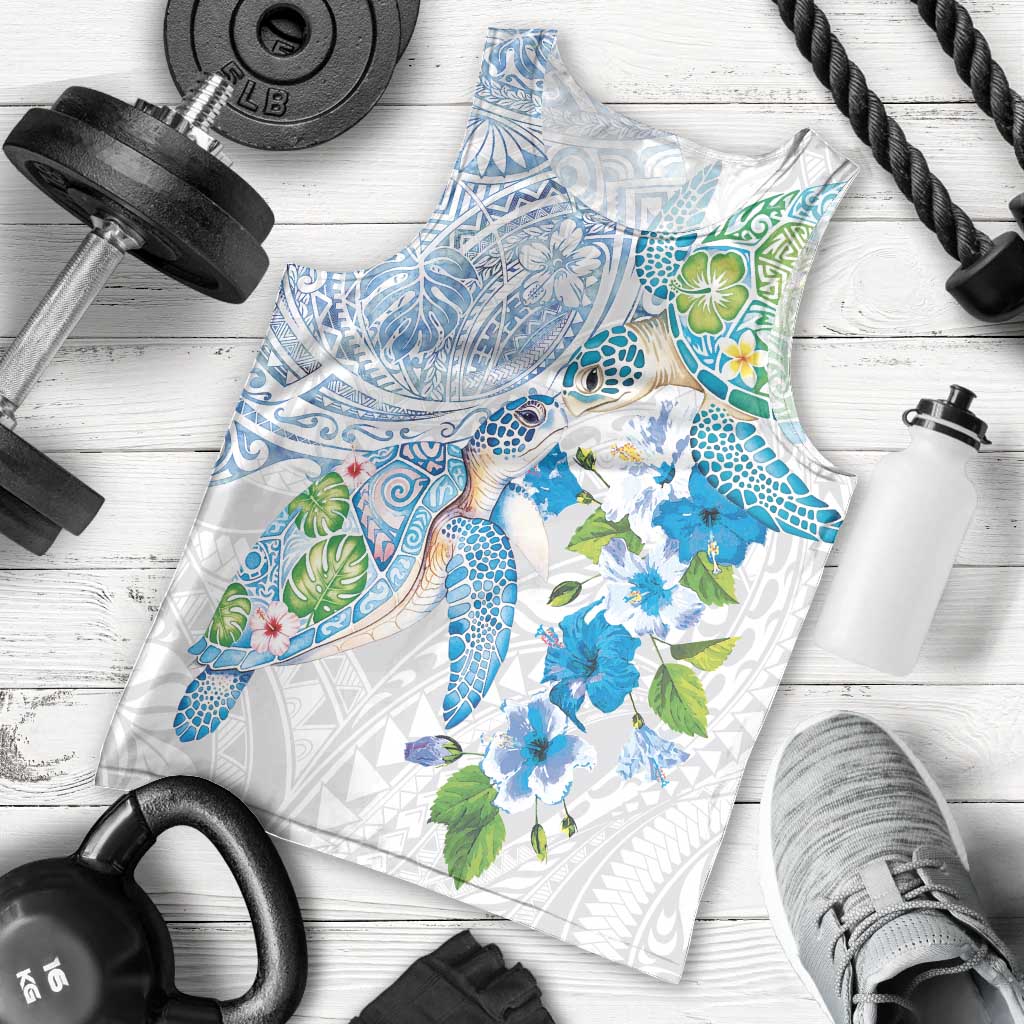 Hawaiian Couple Turtles Honi Men Tank Top Polynesian Art Motifs and Hibiscus White Blue Color - Polynesian Pride