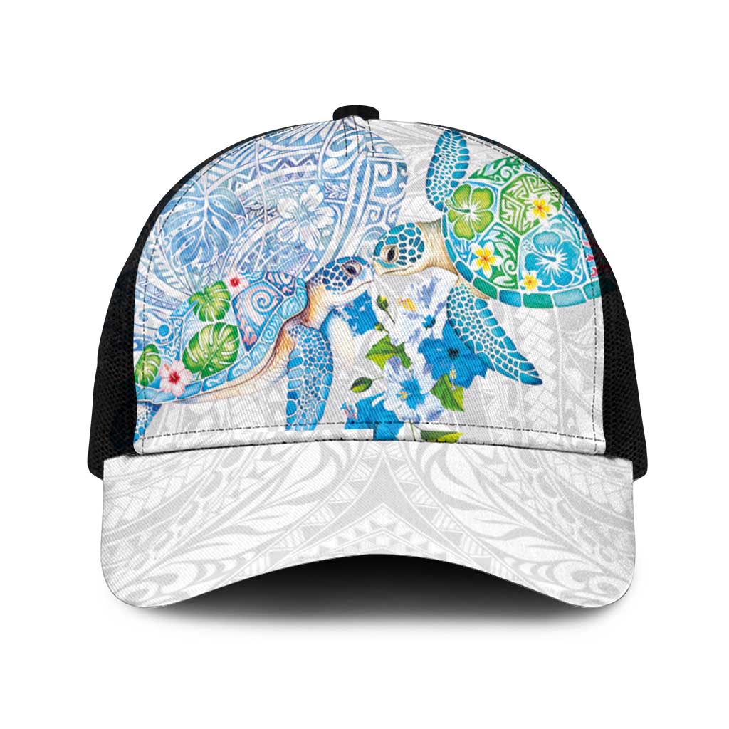 Hawaiian Couple Turtles Honi Mesh Trucker Cap Polynesian Art Motifs and Hibiscus White Blue Color - Polynesian Pride