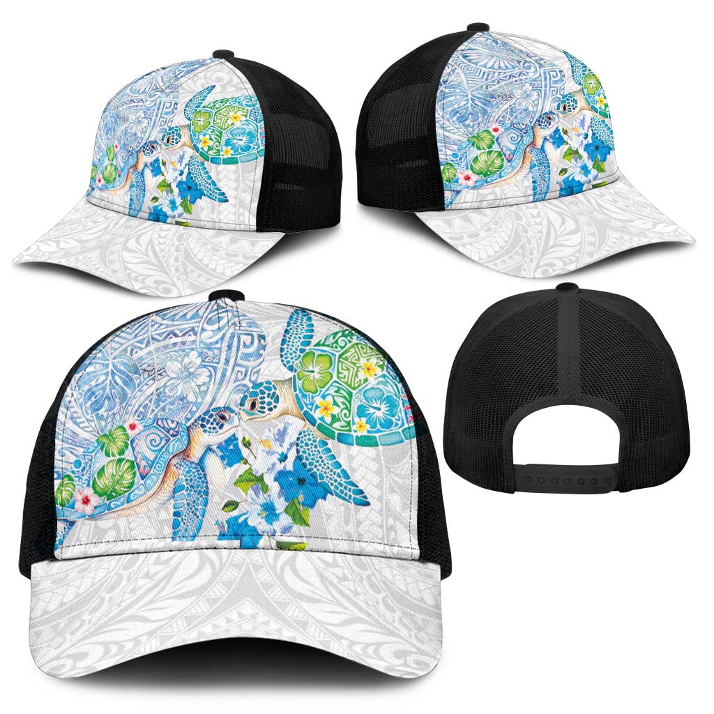 Hawaiian Couple Turtles Honi Mesh Trucker Cap Polynesian Art Motifs and Hibiscus White Blue Color - Polynesian Pride