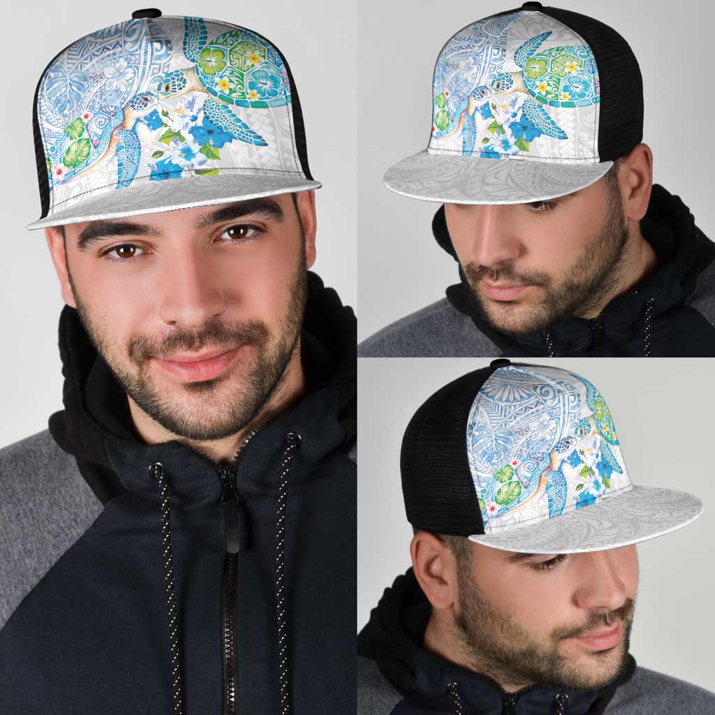 Hawaiian Couple Turtles Honi Mesh Trucker Cap Polynesian Art Motifs and Hibiscus White Blue Color - Polynesian Pride