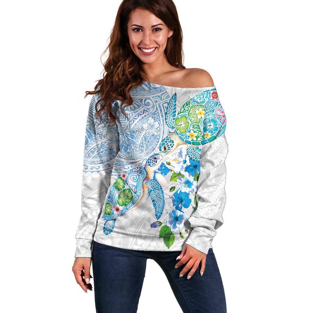 Hawaiian Couple Turtles Honi Off Shoulder Sweater Polynesian Art Motifs and Hibiscus White Blue Color - Polynesian Pride
