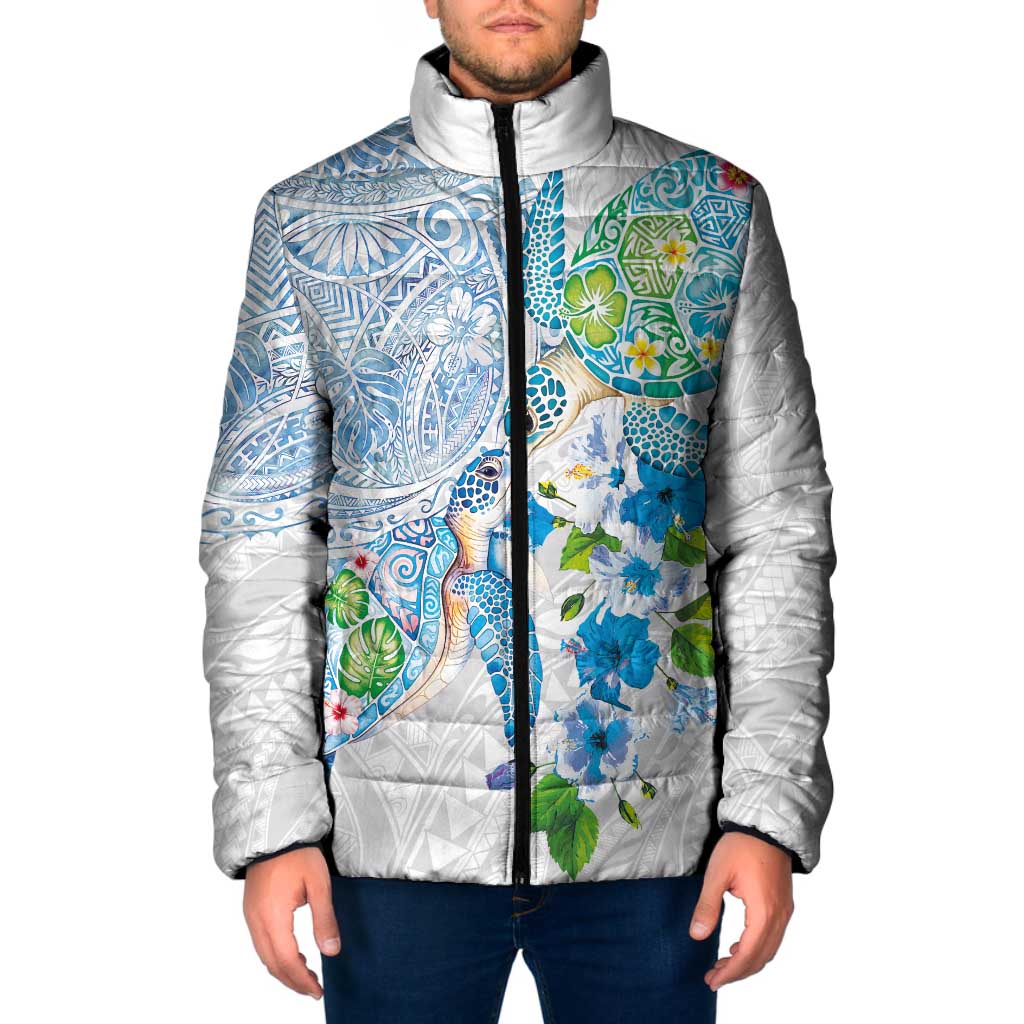 Hawaiian Couple Turtles Honi Padded Jacket Polynesian Art Motifs and Hibiscus White Blue Color LT03 Men White - Polynesian Pride