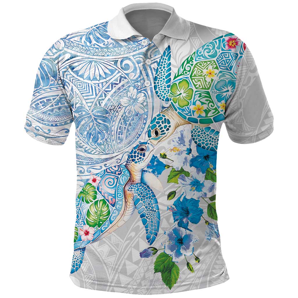 Hawaiian Couple Turtles Honi Polo Shirt Polynesian Art Motifs and Hibiscus White Blue Color - Polynesian Pride