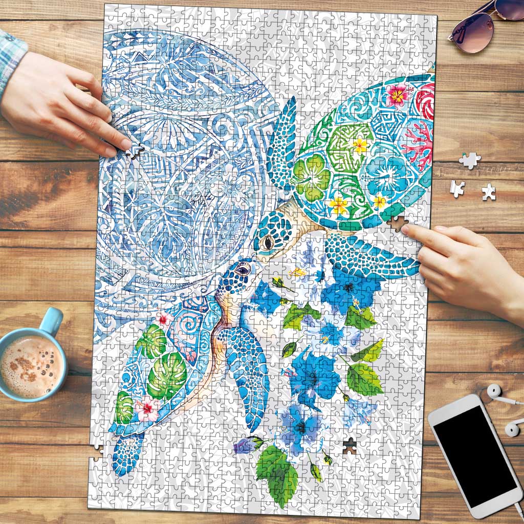 Hawaiian Couple Turtles Honi Puzzle Polynesian Art Motifs and Hibiscus White Blue Color LT03 White - Polynesian Pride