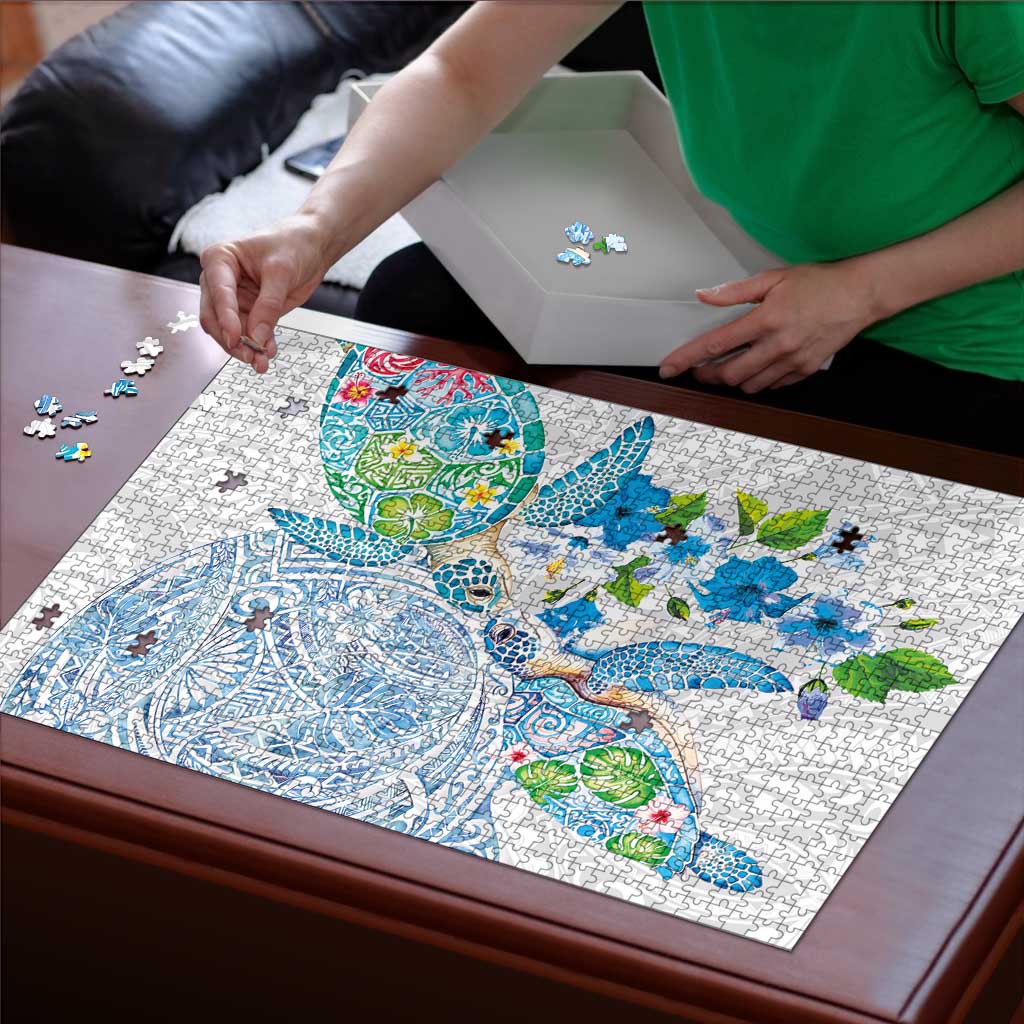 Hawaiian Couple Turtles Honi Puzzle Polynesian Art Motifs and Hibiscus White Blue Color - Polynesian Pride