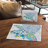 Hawaiian Couple Turtles Honi Puzzle Polynesian Art Motifs and Hibiscus White Blue Color - Polynesian Pride