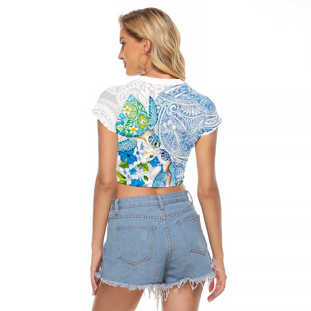Hawaiian Couple Turtles Honi Raglan Cropped T Shirt Polynesian Art Motifs and Hibiscus White Blue Color - Polynesian Pride