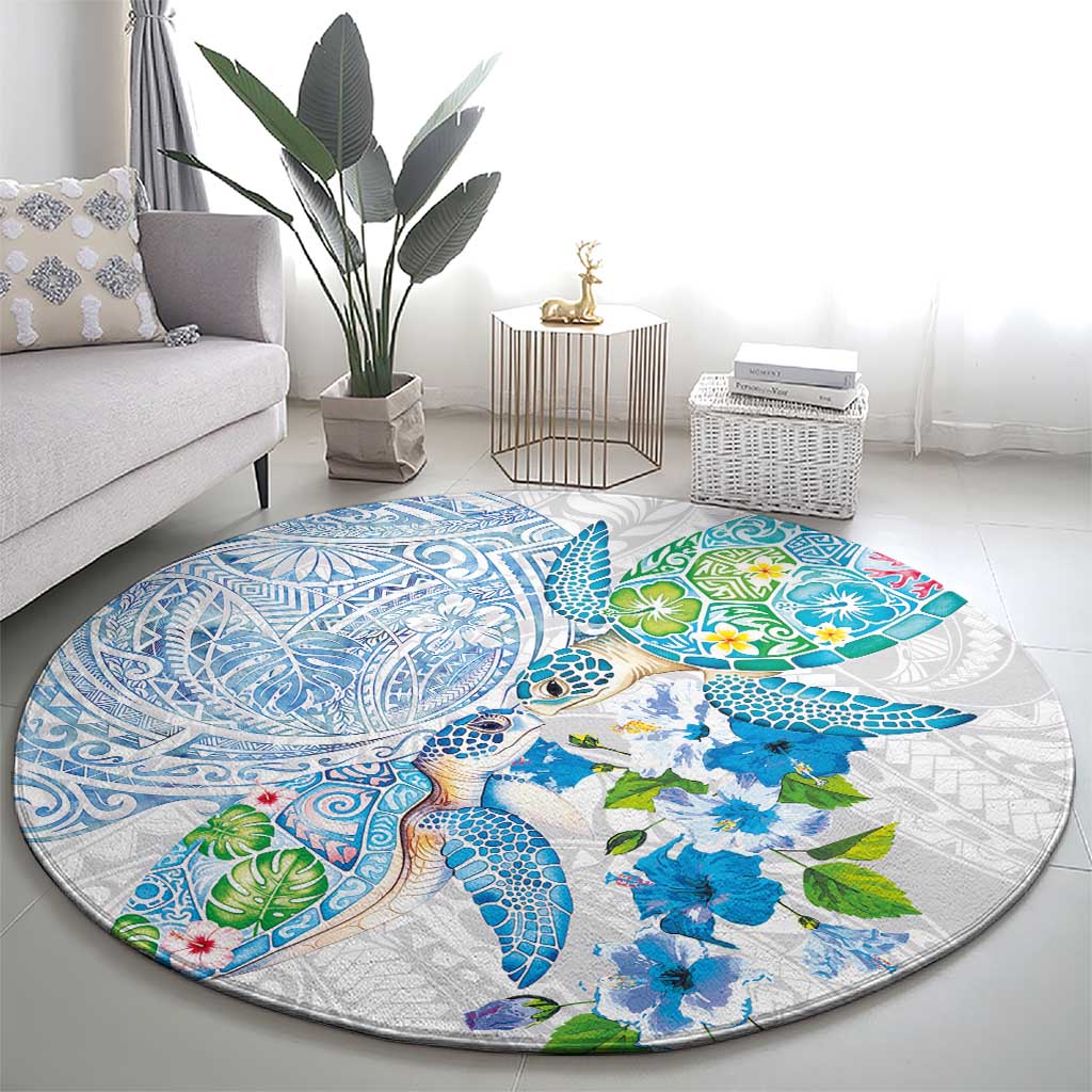 Hawaiian Couple Turtles Honi Round Carpet Polynesian Art Motifs and Hibiscus White Blue Color - Polynesian Pride