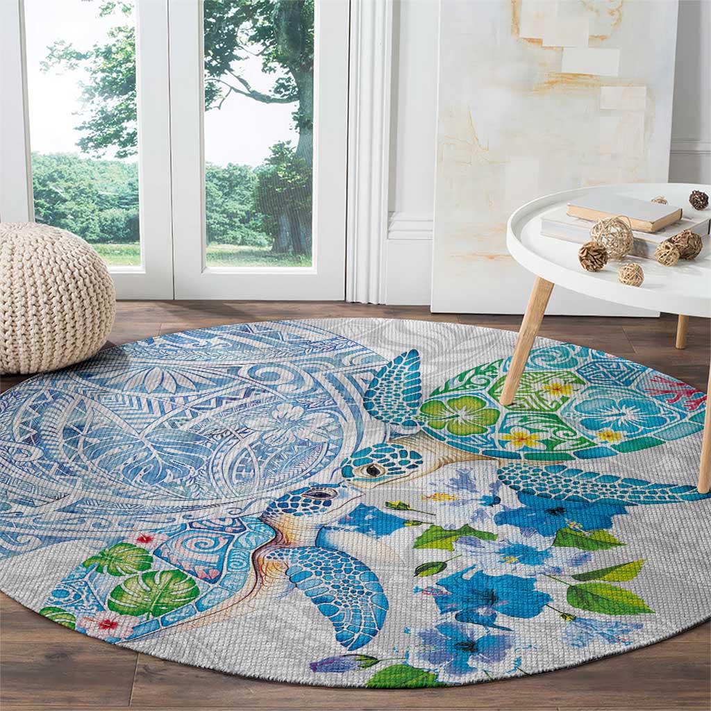Hawaiian Couple Turtles Honi Round Carpet Polynesian Art Motifs and Hibiscus White Blue Color - Polynesian Pride