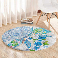 Hawaiian Couple Turtles Honi Round Carpet Polynesian Art Motifs and Hibiscus White Blue Color - Polynesian Pride