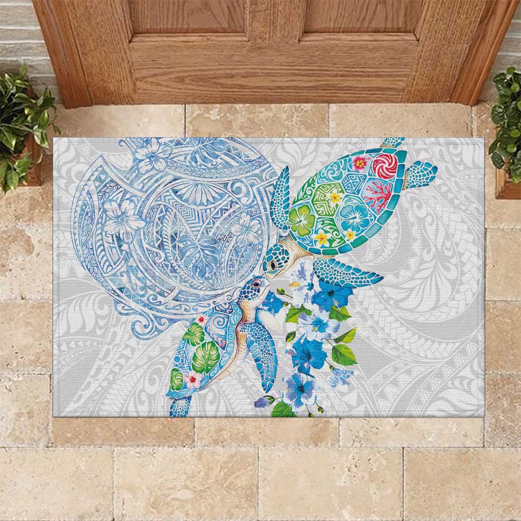 Hawaiian Couple Turtles Honi Rubber Doormat Polynesian Art Motifs and Hibiscus White Blue Color LT03 White - Polynesian Pride