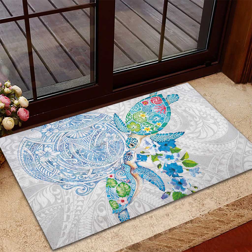 Hawaiian Couple Turtles Honi Rubber Doormat Polynesian Art Motifs and Hibiscus White Blue Color - Polynesian Pride