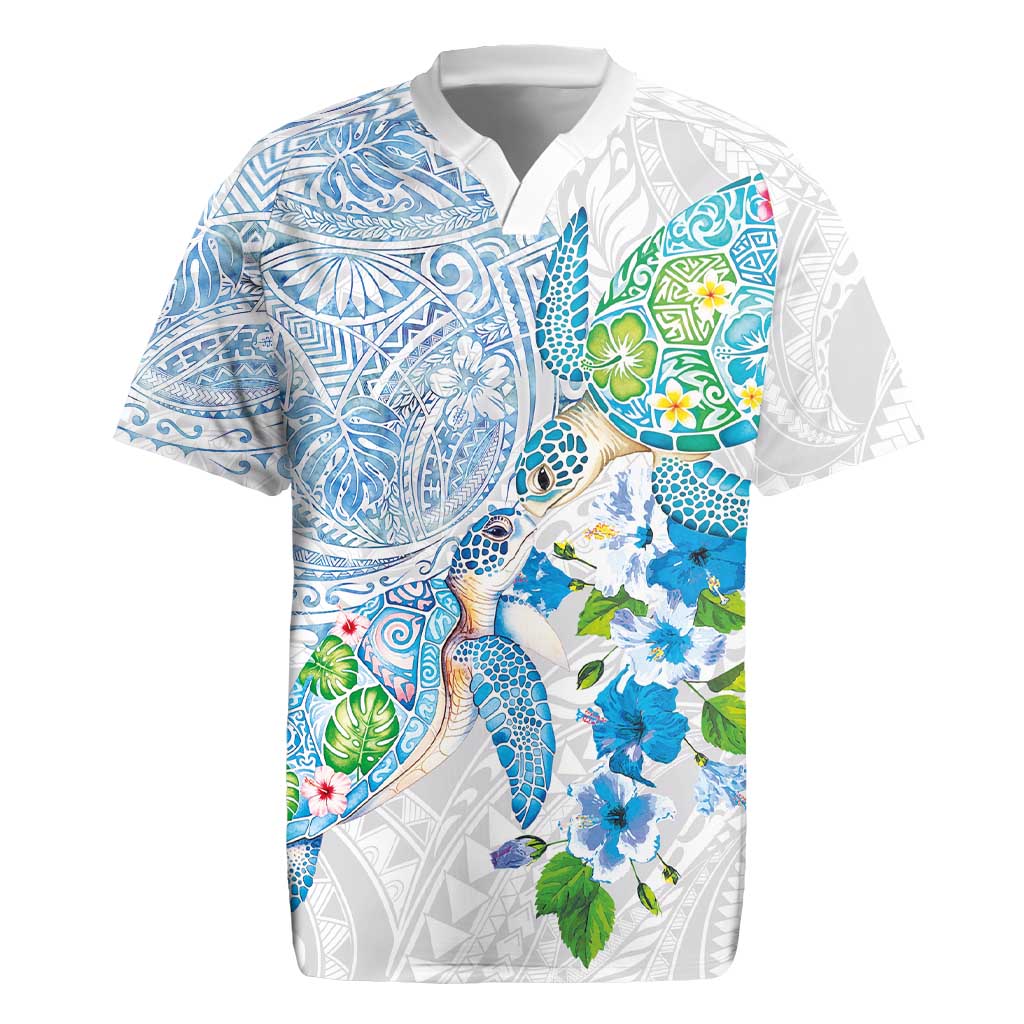 Hawaiian Couple Turtles Honi Rugby Jersey Polynesian Art Motifs and Hibiscus White Blue Color - Polynesian Pride