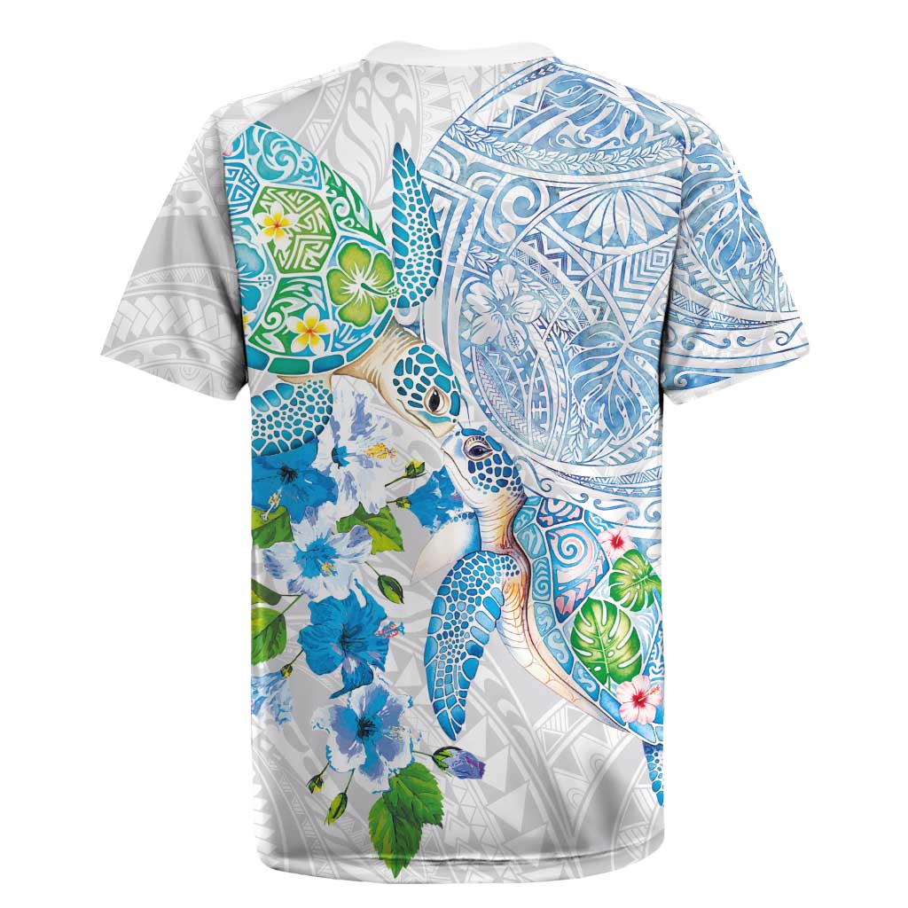 Hawaiian Couple Turtles Honi Rugby Jersey Polynesian Art Motifs and Hibiscus White Blue Color - Polynesian Pride