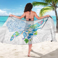 Hawaiian Couple Turtles Honi Sarong Polynesian Art Motifs and Hibiscus White Blue Color - Polynesian Pride