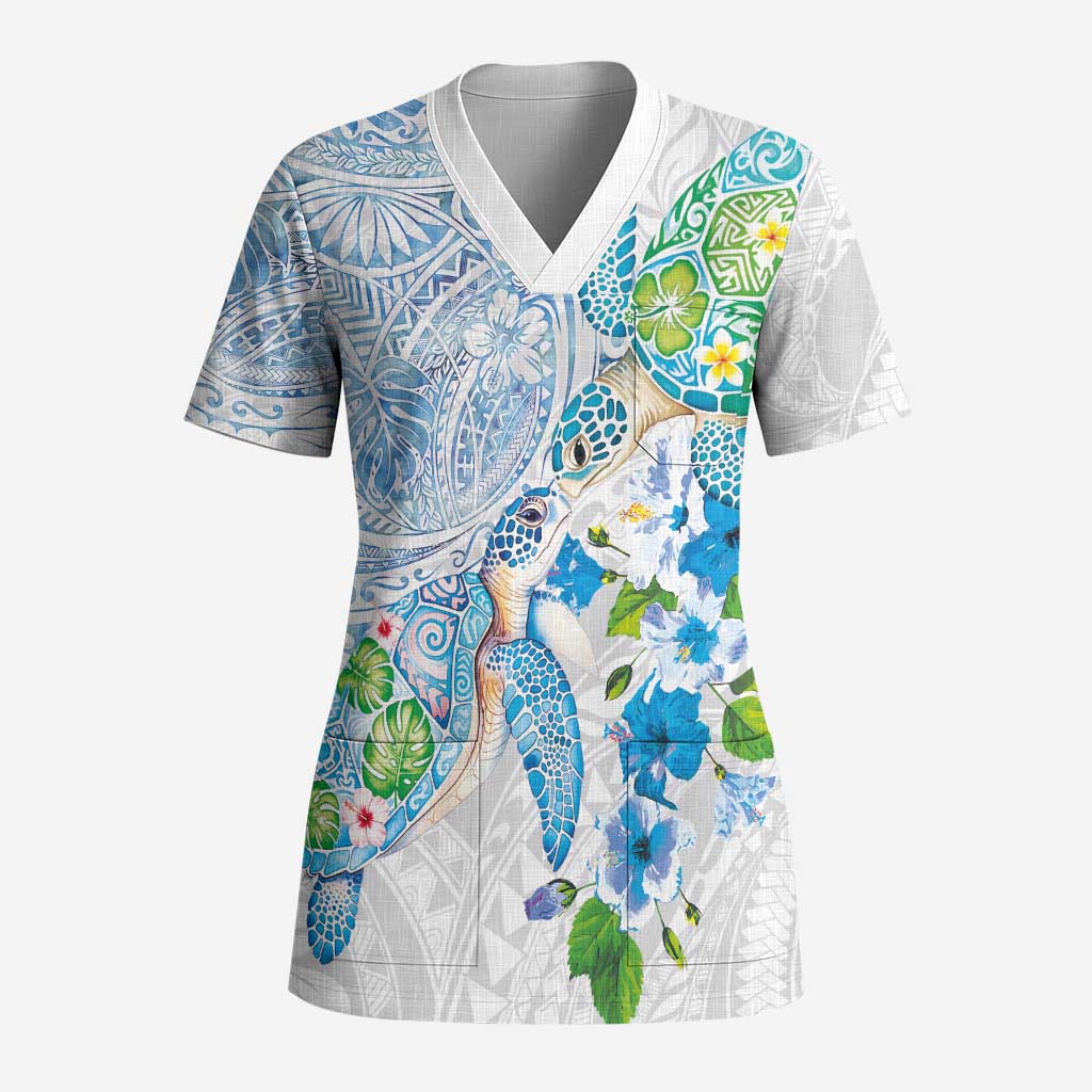 Hawaiian Couple Turtles Honi Scrub Top Polynesian Art Motifs and Hibiscus White Blue Color - Polynesian Pride