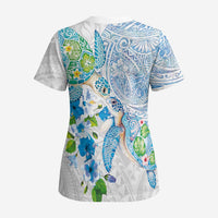 Hawaiian Couple Turtles Honi Scrub Top Polynesian Art Motifs and Hibiscus White Blue Color - Polynesian Pride