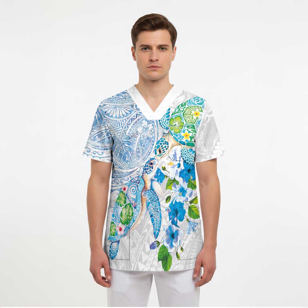 Hawaiian Couple Turtles Honi Scrub Top Polynesian Art Motifs and Hibiscus White Blue Color - Polynesian Pride