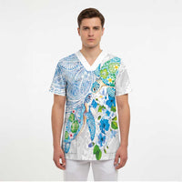 Hawaiian Couple Turtles Honi Scrub Top Polynesian Art Motifs and Hibiscus White Blue Color - Polynesian Pride