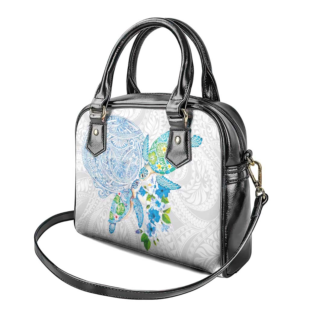 Hawaiian Couple Turtles Honi Shoulder Handbag Polynesian Art Motifs and Hibiscus White Blue Color - Polynesian Pride