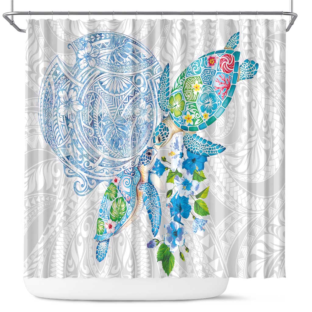 Hawaiian Couple Turtles Honi Shower Curtain Polynesian Art Motifs and Hibiscus White Blue Color - Polynesian Pride