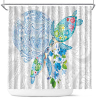 Hawaiian Couple Turtles Honi Shower Curtain Polynesian Art Motifs and Hibiscus White Blue Color - Polynesian Pride
