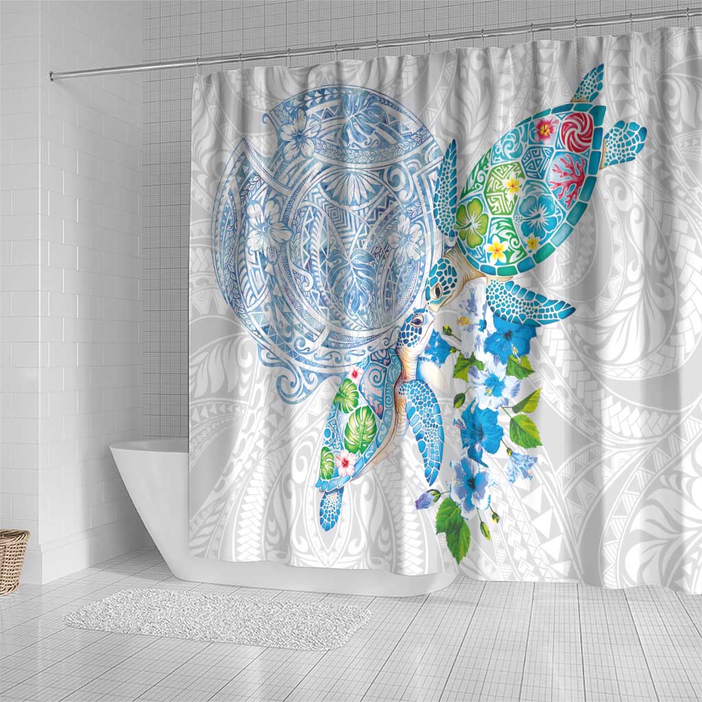Hawaiian Couple Turtles Honi Shower Curtain Polynesian Art Motifs and Hibiscus White Blue Color - Polynesian Pride