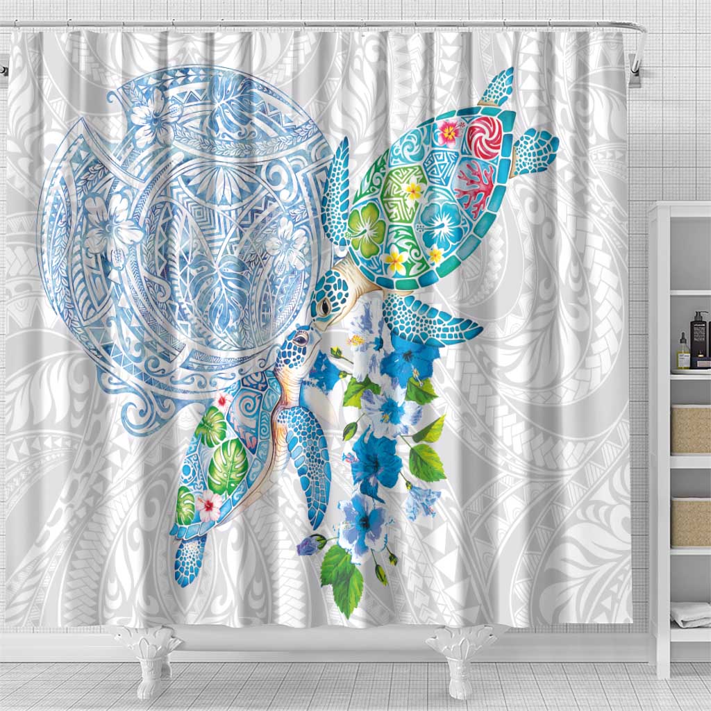 Hawaiian Couple Turtles Honi Shower Curtain Polynesian Art Motifs and Hibiscus White Blue Color - Polynesian Pride