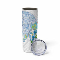 Hawaiian Couple Turtles Honi Skinny Tumbler Polynesian Art Motifs and Hibiscus White Blue Color - Polynesian Pride